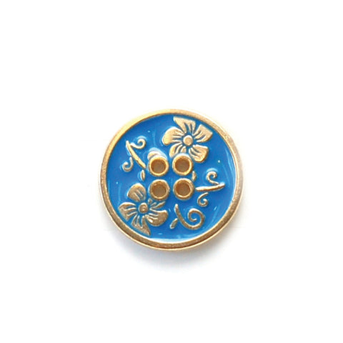 Gold Metal Buttons with Turquoise Enamel Flowers & Stems