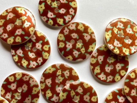 Gingery Brown Shell with Pink & Yellow Flowers 22mm