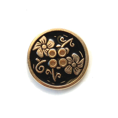 Gold Metal Buttons with Black Enamel Flowers & Stems