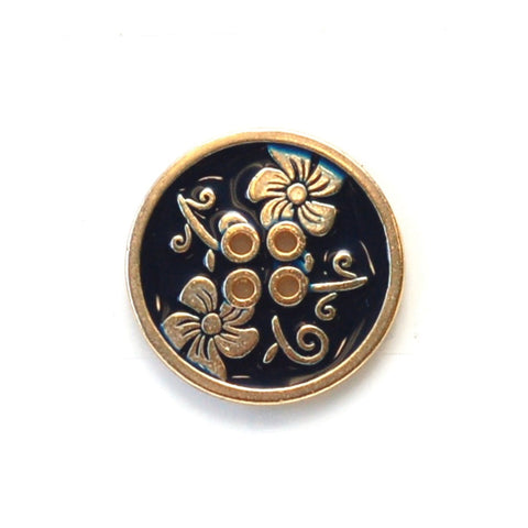Gold Metal Buttons with Navy Blue Enamel Flowers & Stems